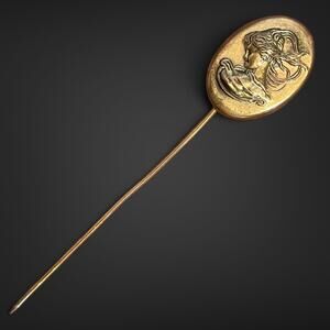 Antique 1900s Art Nouveau Gold Tone Repoussé Lady Portrait Hatpin Stick Pin
